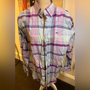 Vineyard Vines men’s whale shirt - light blue purple lavender plaid tartan plaid